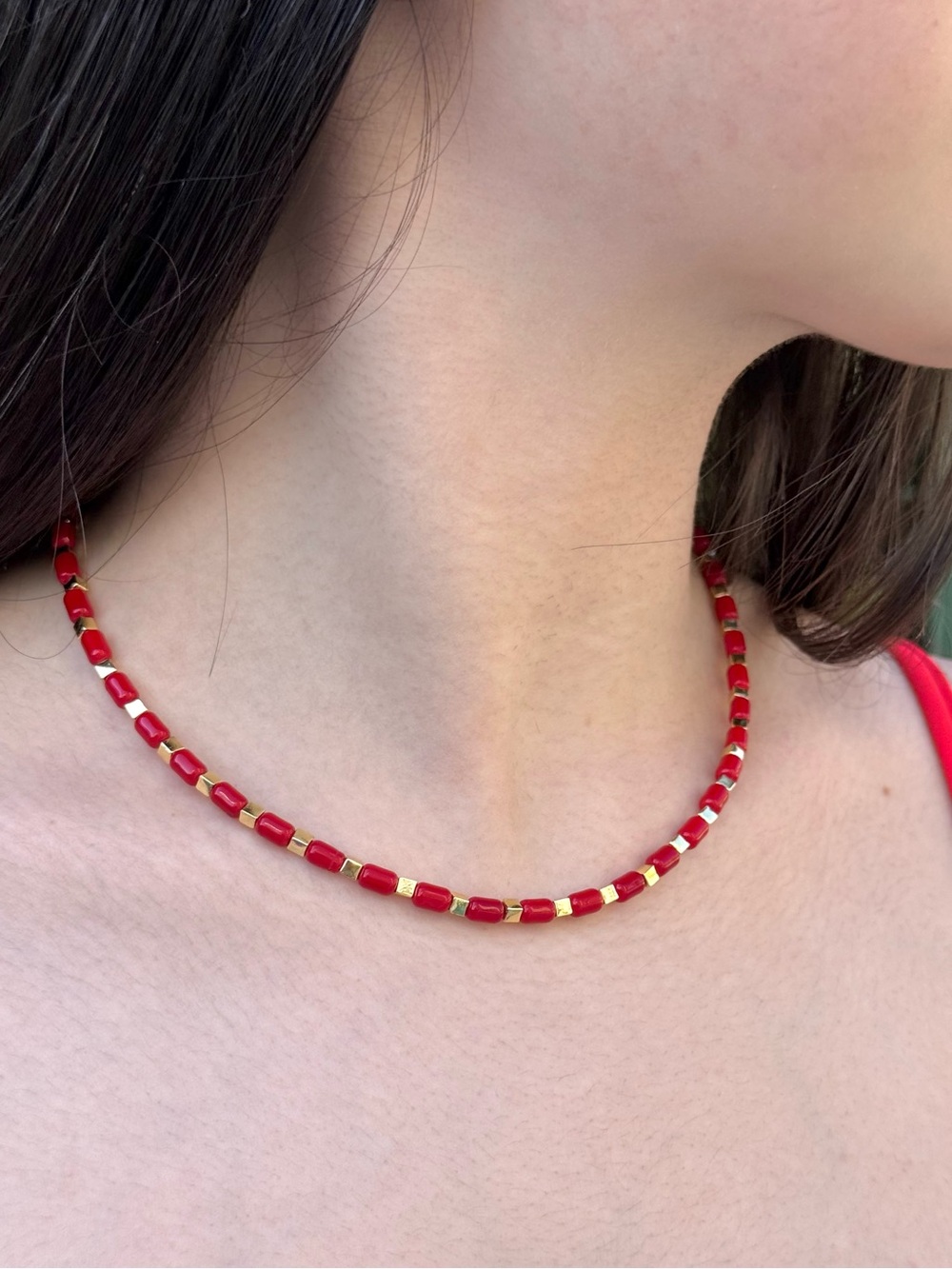 Minimalist Red Bead & Gold Tone Accent Necklace Summer Adjustable Choker